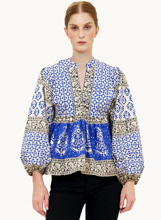 Mandarin Balloon Top in Jaisalmer Cobalt