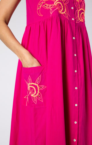 Cut Out Embroidered Tie Shoulder Dress in Fuschia/Neon Multi