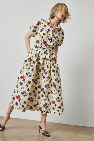 Cuffed Sleeve Maxi Shirt Dress in Blue Poppy Print