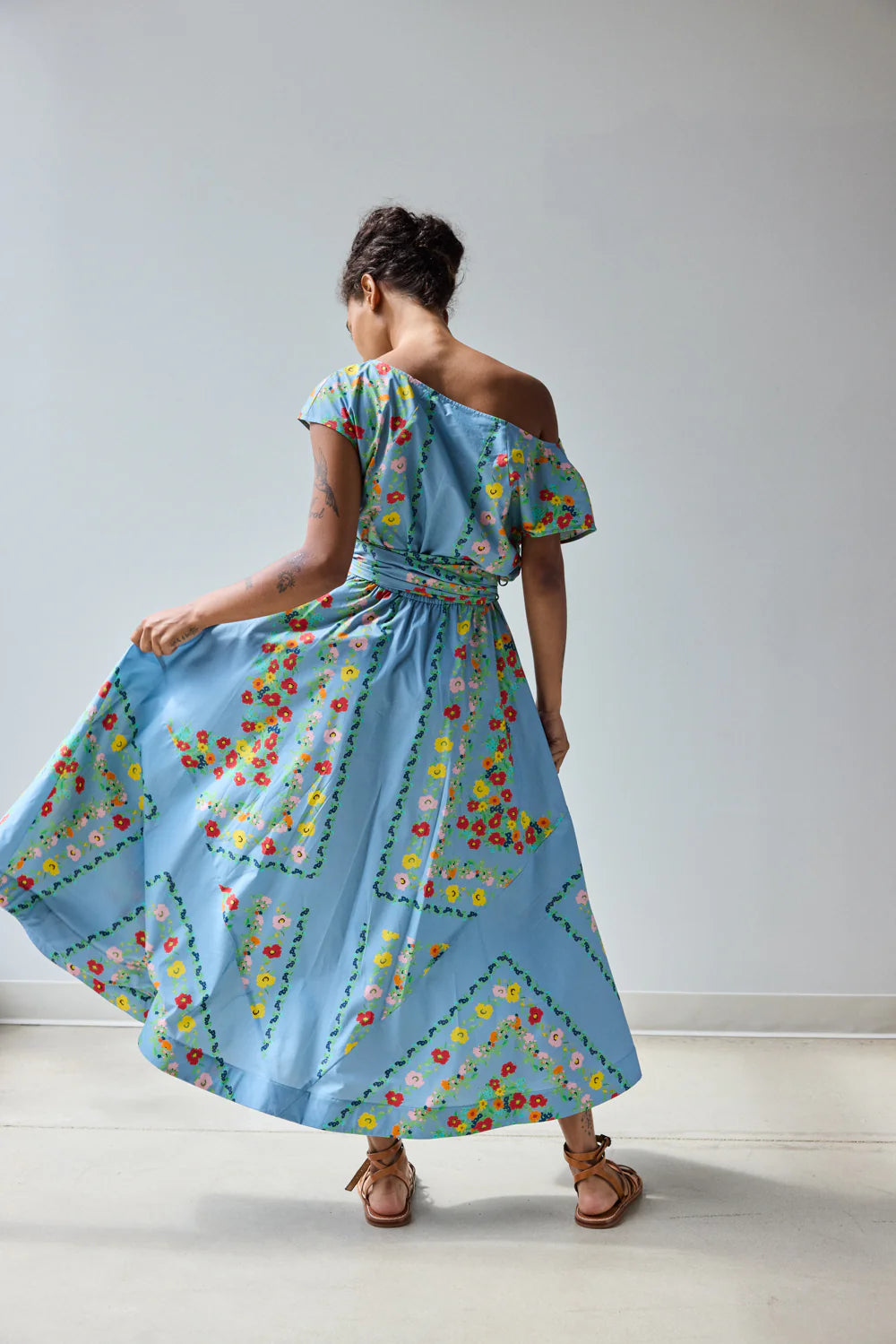 blue floral dress with scarf Flared Dress in Chambray Floral Scarf M