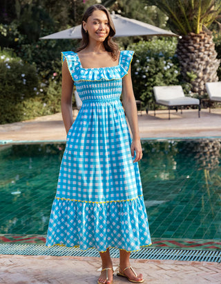 Carrie Dress in Aqua Gingham