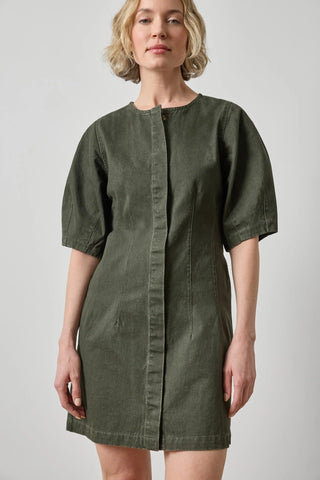 Washed Twill Full Sleeve Shirt Dress in Juniper