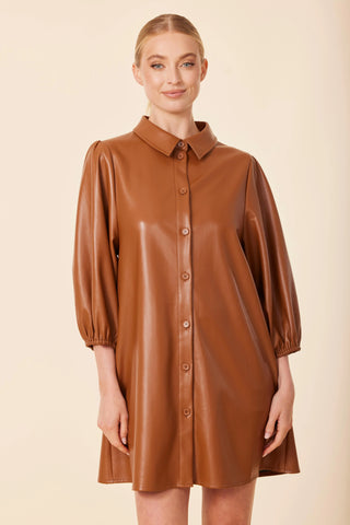 Exaggerated Sleeve Vegan Dress in Saddle