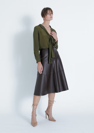 Victoria Vegan Leather Midi Skirt in Chocolate Brown