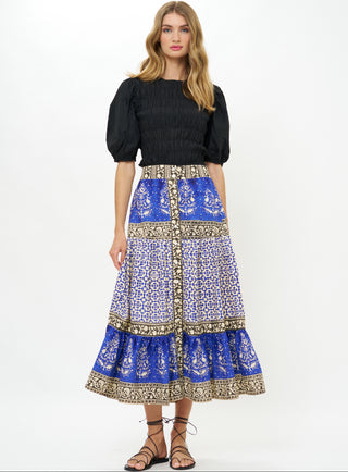 Button Front Skirt in Jaisalmer Cobalt