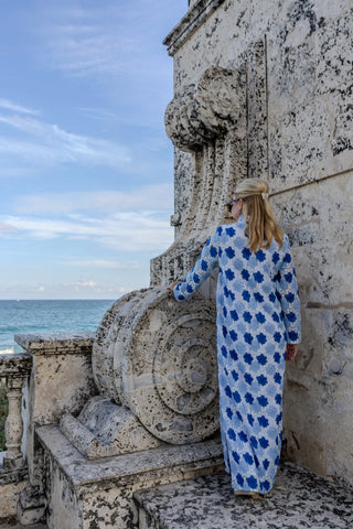 Beaded Eyelet Caftan in Blue/White