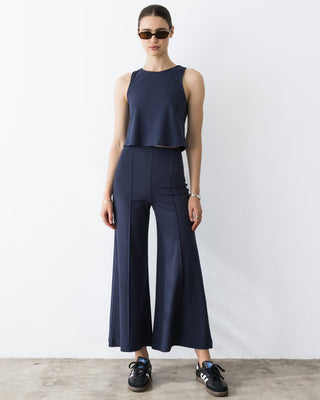 Ponte Knit Cropped Wide Leg Pant in Navy