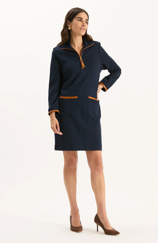 Helena Ponte Trimmed Dress in Mid Navy