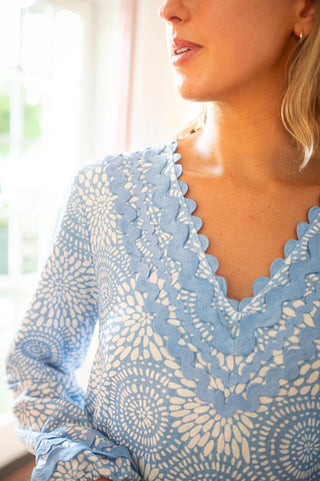 V-Neck Ruffle Hem Dress w/ Ric-Rac in Dot Matrix