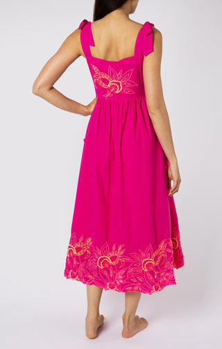 Cut Out Embroidered Tie Shoulder Dress in Fuschia/Neon Multi