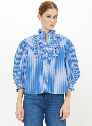 Ruffle Front Button Blouse in Devon Blue