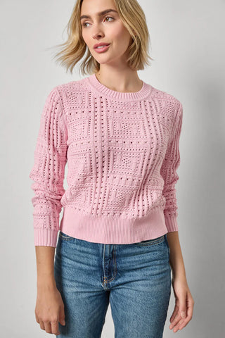 Patchwork Stitch Crewneck Sweater in Peony