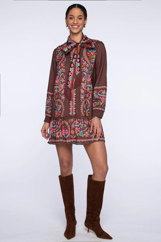 Brit Bow Dress in Scroll Brown