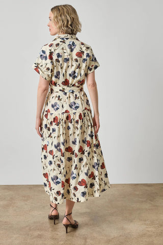 Cuffed Sleeve Maxi Shirt Dress in Blue Poppy Print