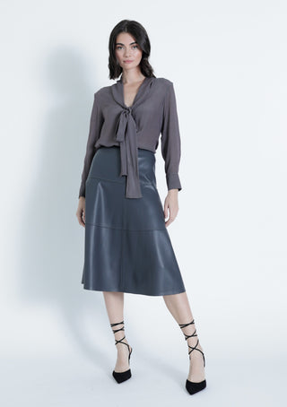 Victoria Vegan Leather Midi Skirt in Stone